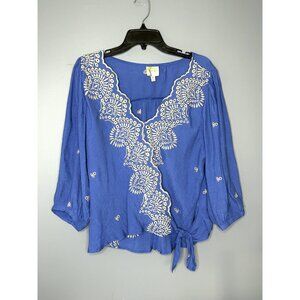 Fig And Flower Shirt Womens Large Blue Embroidered Boho Peasant Tie Hem Top